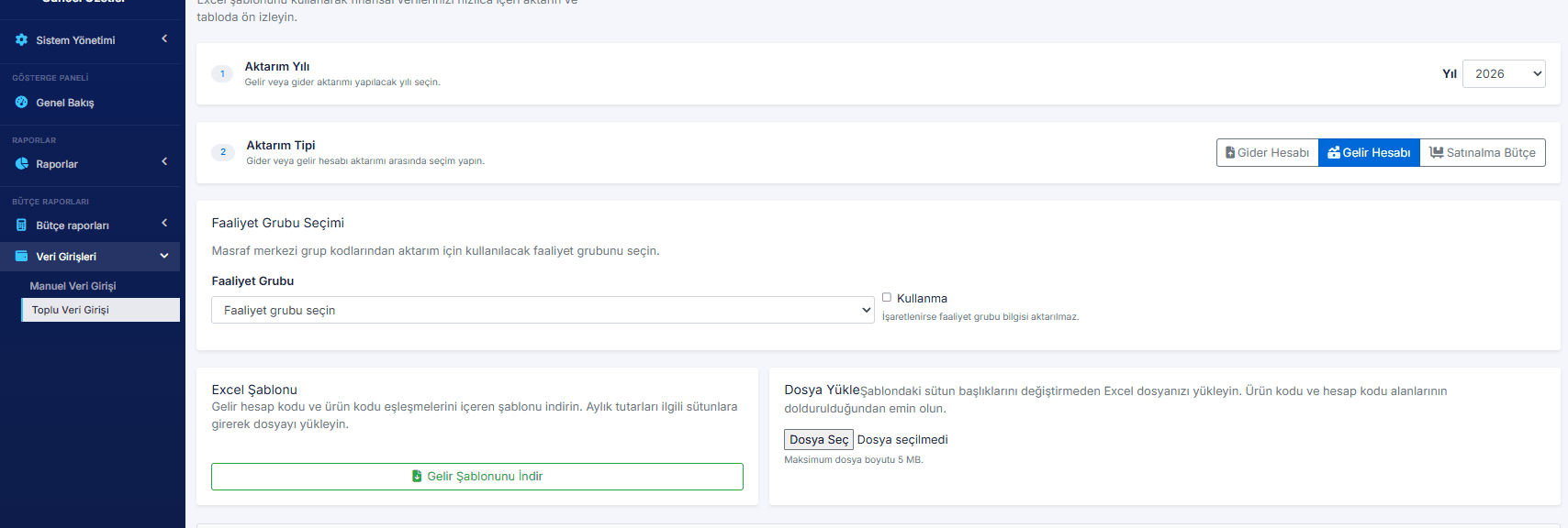 Atlas toplu veri aktarımı ekranı